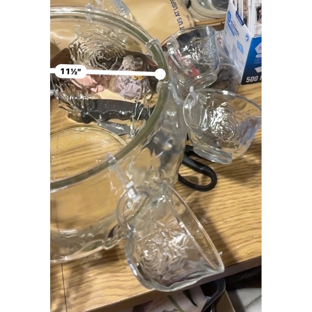 Vintage Clear Glass Rose Pattern Punch Bowl Set with 8 Matching Cups & Hooks